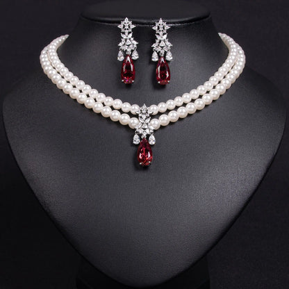 Luckacco Women's Light Luxury Design Imitation Pearl Water Droplet Necklace Earring Set Fashionable And Versatile Niche Design Sense Set