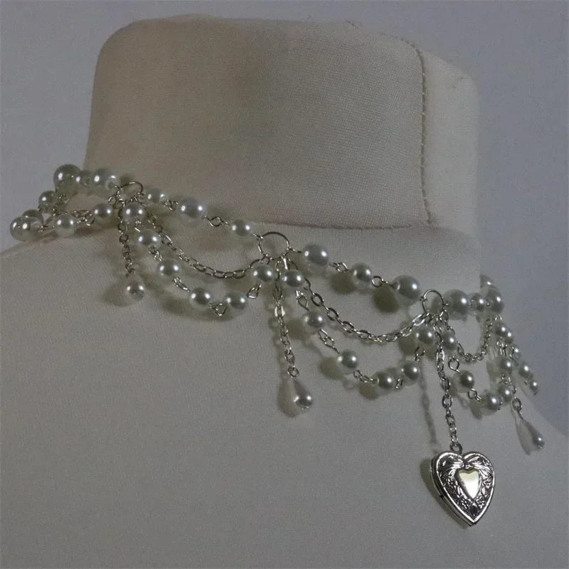 luckacco pearl heart locket style layered necklace handmade y2k necklace perfect for weddings prom or victorian/regency cosplay jewelry