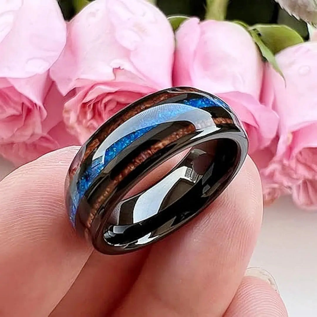 luckacco 8mm unique blue opal inaly men's black stainless steel rings koa wood wedding band jewelry party steel ring accessory