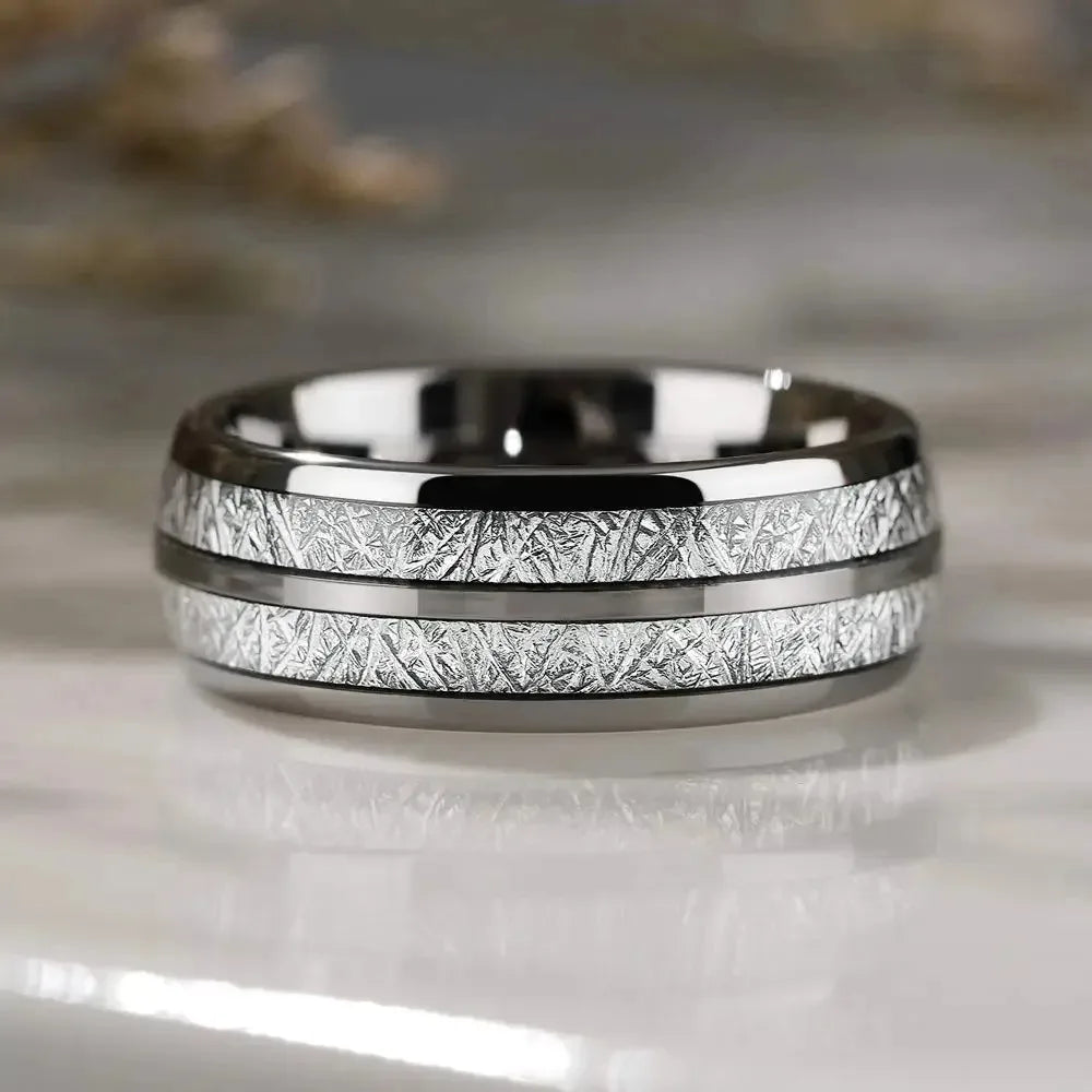 luckacco fashion 8mm silver color stainless steel rings for men double groove meteorite inlay dome men finger ring wedding band jewelry