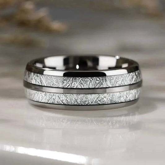 Luckacco Fashion 8mm Silver Color Stainless Steel Rings for Men Double Groove Meteorite Inlay Dome Men Finger Ring Wedding Band Jewelry