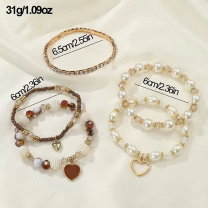 Luckacco 5pcs Heart Boho Beach Bracelet Set Pearl Crystal Beaded Multilayer Wrist Jewelry For Women Gift