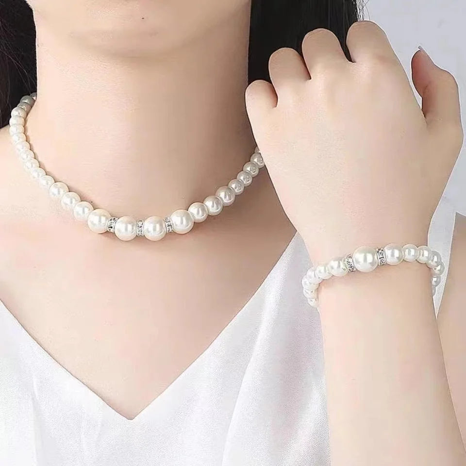 luckacco picks 4 pcs women's pearl jewelry set fashion simulated pearls versatile earrings necklaces bracelets jewelry set gift