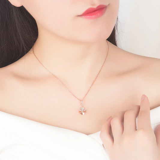 Luckacco Vintage Elegant Flower & Four-leaf Clover Pendant Necklace for Women Shiny Zircon 925 Sterling Silver Clavicle Chain Jewelry