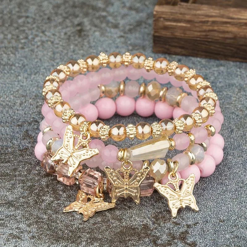 luckacco 4pcs trendy butterfly beaded bracelet set for women pink acrylic beads elastic chain bangle female bohemian party jewelry gift
