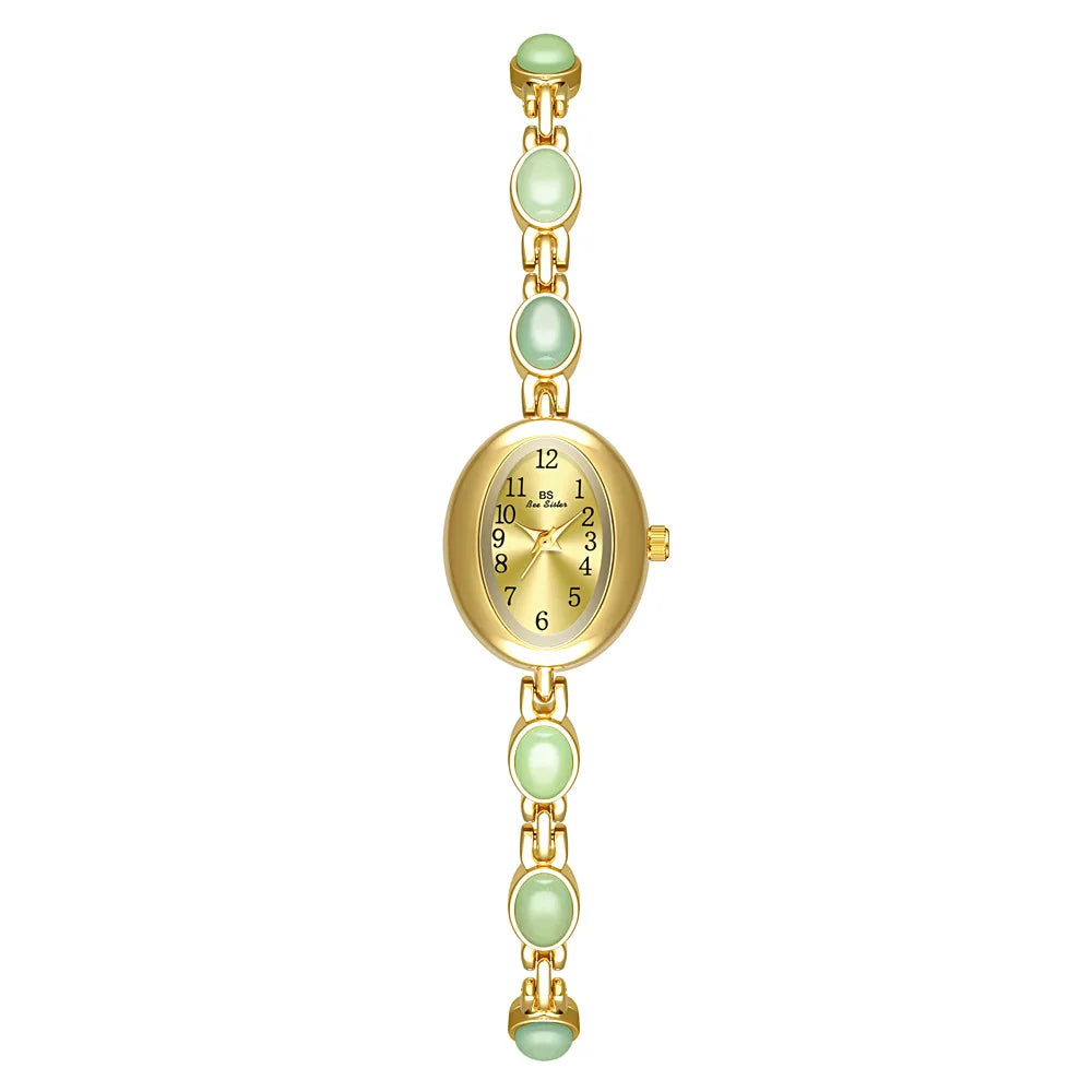 luckacco 2025 women quartz watch luxury brand retro natural dongling stone hotan jade waterproof ladies advanced chain wristwatches gift