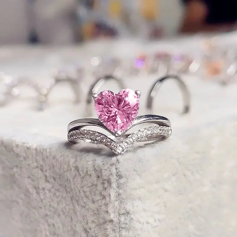 luckacco pink cubic zirconia ring suitable for women's engagement wedding luxury accessories sparkling silver fashion jewelry