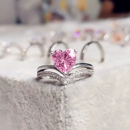 Luckacco Pink Cubic Zirconia Ring Suitable for Women's Engagement Wedding Luxury Accessories Sparkling Silver Fashion Jewelry