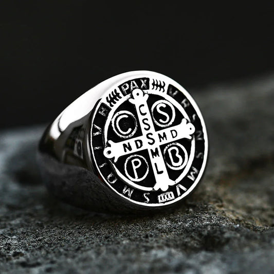 Luckacco Vintage Exorcism Saint Benedict Cspb Cross Ring Men Punk Amulet Christianity Rings Stainless Steel Jewelry Gift