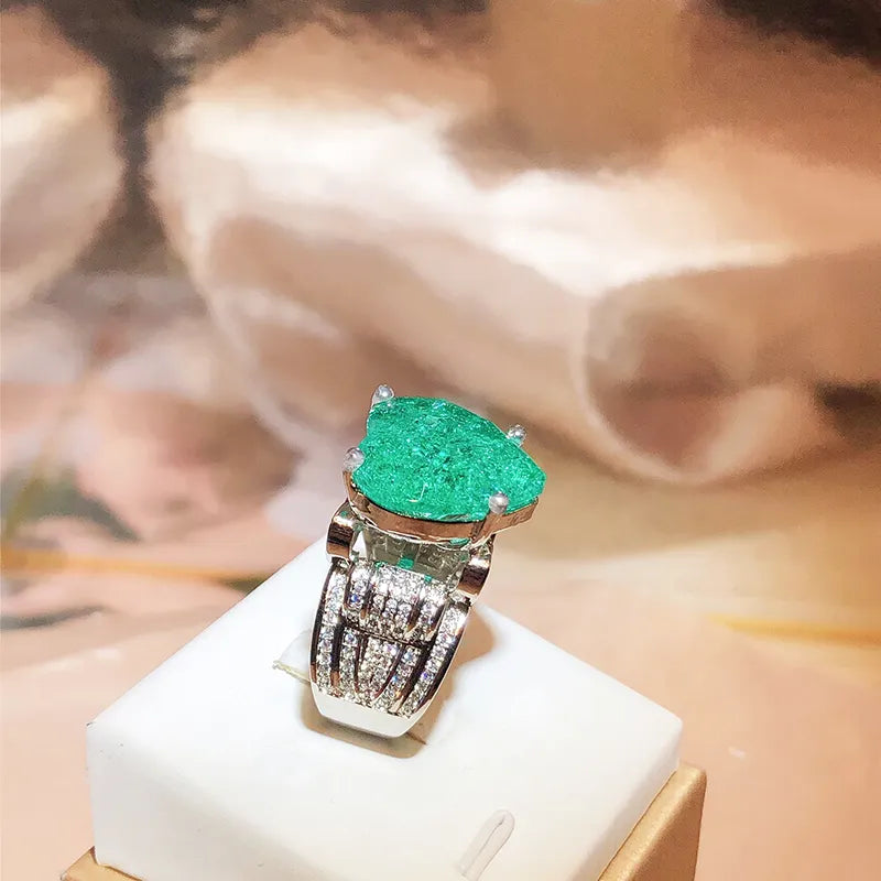 Elegant Paraiba Emerald Heart Full Diamond Couple Ring For Women Lover Geometric S925 Silverd Valentine Day Gift Party Jewelry