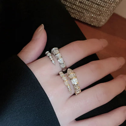 Luckacco Versatile Fashion Trendy Snake Shaped Open Rings for Women High-end Zircon Stainless Steel Adjustable Rings Jewelry Accessories