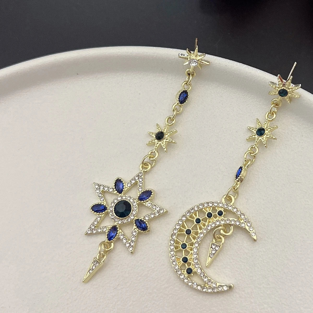 luckacco elegant silver color asymmetric star moon earrings long statement tassel sparkling personalized earrings jewelry