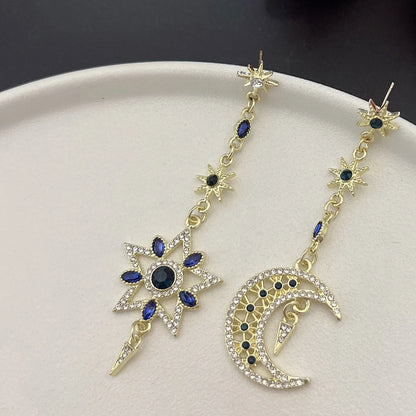 Luckacco Elegant Silver Color Asymmetric Star Moon Earrings Long Statement Tassel Sparkling Personalized Earrings Jewelry
