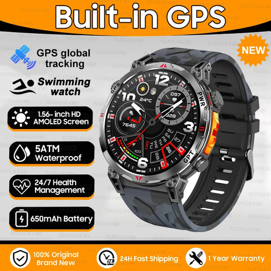 Luckacco 2025New Military GPS Sports SmartWatch Men 1.56" AMOLED Screen Compass Altimeter 5ATM Waterproof 560mAh Wireless Call Smartwatch