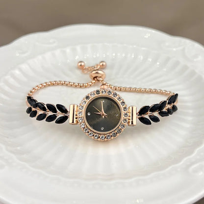Luckacco 2025 New fashion diamond-encrusted leaf round women's watch simple dial freely adjust cross-border gift watches