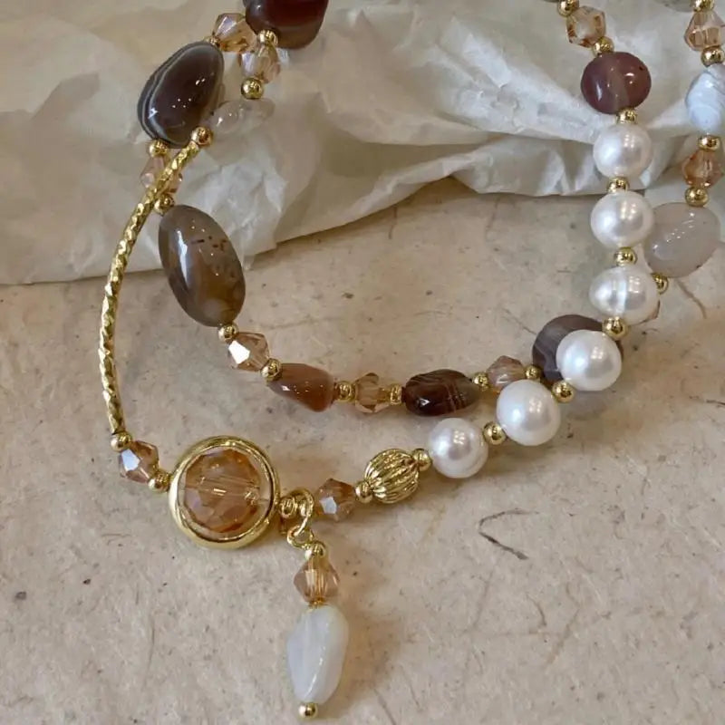 luckacco fashion double layered crystal pearl splicing beaded bracelets for women ethnic crystal beads wrap bracelet bangle jewelry gifts