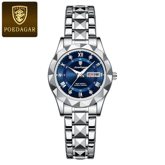 Luckacco POEDAGAR Fashion Ladies Wristwatch Week Date Luminous Waterproof Woman Watch Stainless Steel Luxury Women's Quartz Watches reloj