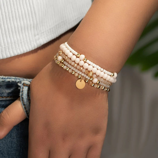 Luckacco 5pcs/set Personalized Creative Beaded Round Piece Pendant Bracelet Women's Multi-layer Stacking Jewelry Accessories Gifts