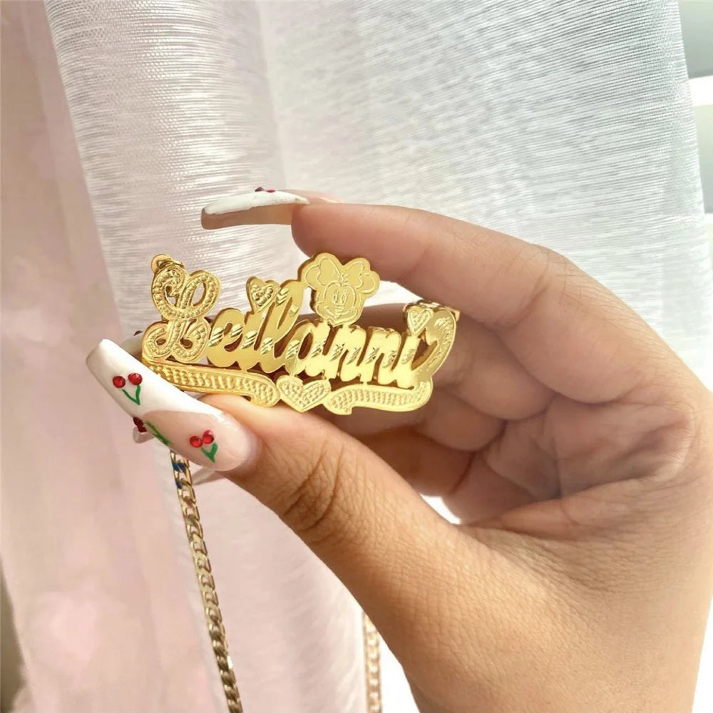 luckacco 18k gold plated nameplate necklace personalized double layer 3d necklaces with heart customized name stainless steel jewelry