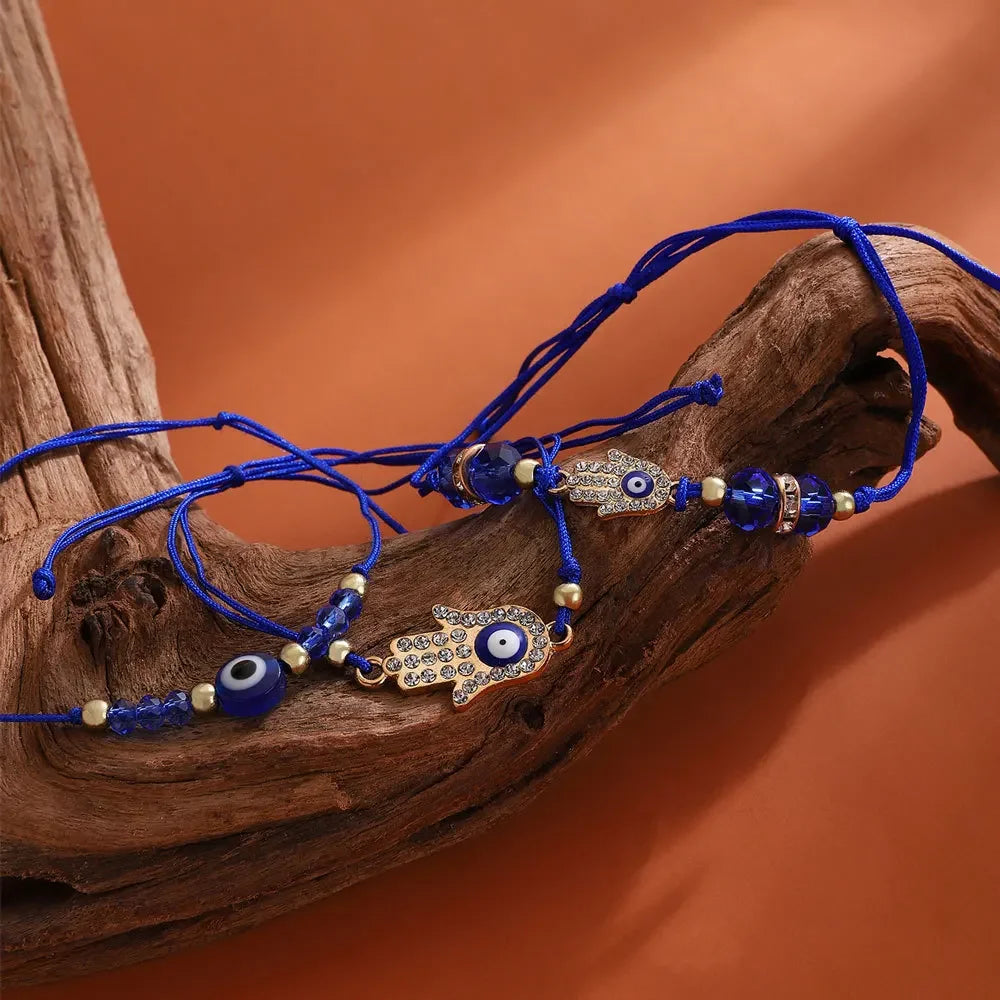 luckacco 3pcs turkish evil eye palm butterfly bracelets for men women lucky eyes bead round shaped woven chain bracelets jewelry gift
