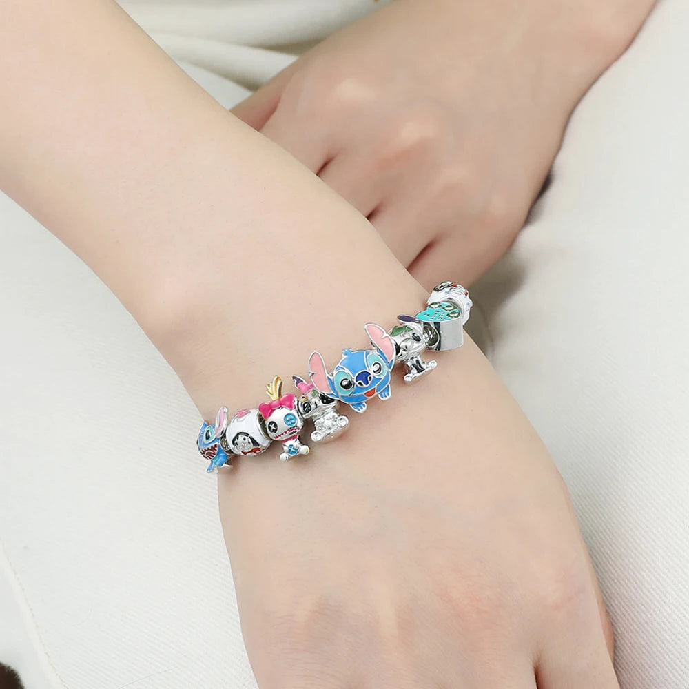 luckacco disney beaded bracelet lilo and stitch cartoon cute metal charms bangle diy beads chain jewelry gifts accessories for women kids