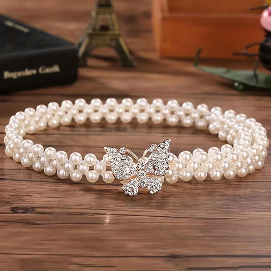Luckacco Elegant Butterfly Buckle Belt with Faux Pearls and Rhinestones - Elastic Waistband for Dresses and Girdles