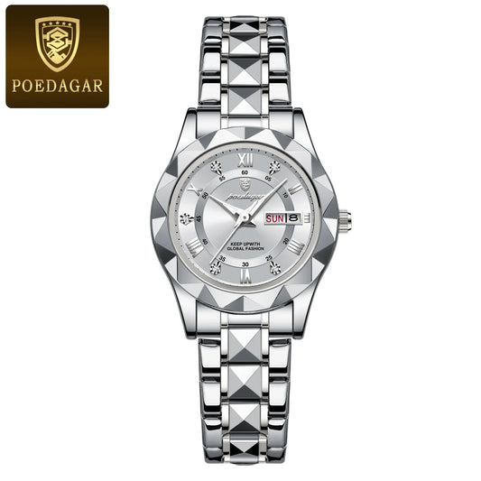 Luckacco POEDAGAR Fashion Ladies Wristwatch Week Date Luminous Waterproof Woman Watch Stainless Steel Luxury Women's Quartz Watches reloj