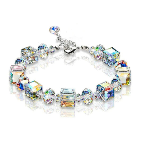Luckacco Shiny Crystal Cube Bracelet For Women Square Glass Bracelet Sparkles Exquisite Luxury Silver Color Fashion Jewelry Gift KAH154