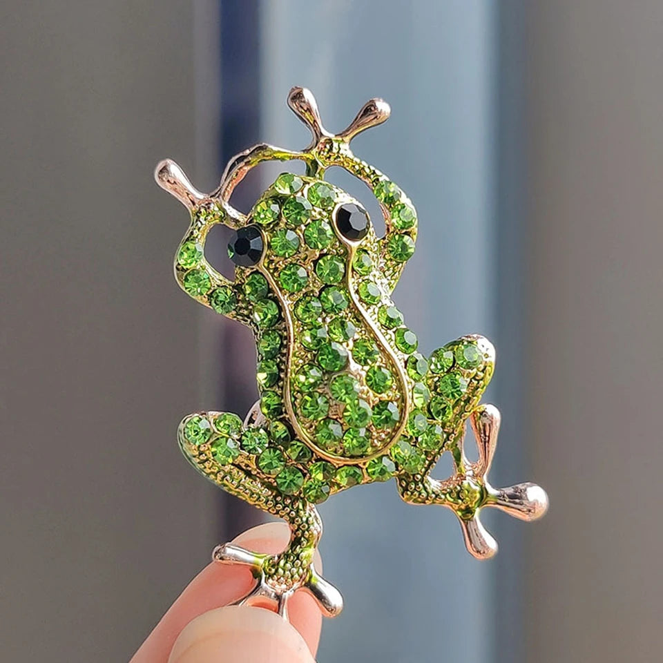 luckacco picks luxury green crystal frog brooch animal brooches pins for women dress coat accessories jewelry gift