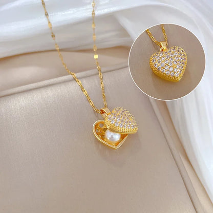Luckacco picks French Shell Pearl Necklace For Women Gold Color Stainless Steel Zircon Love Heart Clavicle Chain Choker Wedding Jewelry