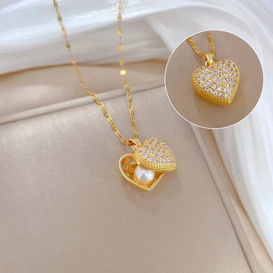 Luckacco picks French Shell Pearl Necklace For Women Gold Color Stainless Steel Zircon Love Heart Clavicle Chain Choker Wedding Jewelry
