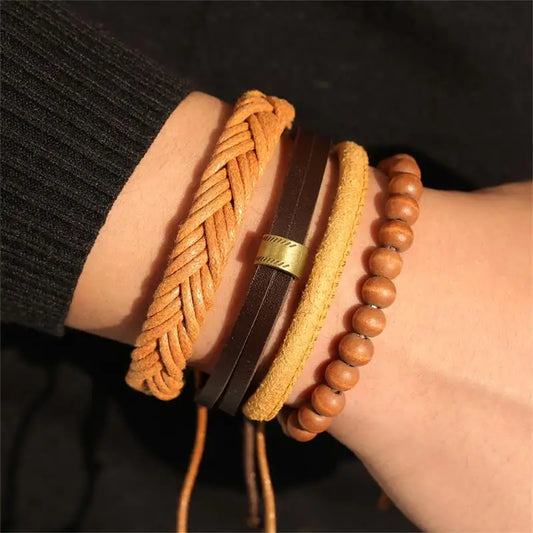 Luckacco IFMIA Fashion Beads Leather Wrap Bracelet Set Men New Design Wristband Multiple Bracelets & Bangles Party Wedding Jewelry Gifts