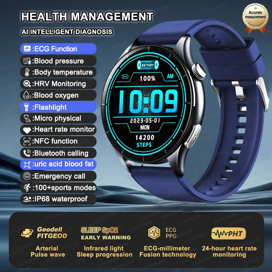 Luckacco 2025 New Health Analysis ECG+PPG Smart Watch Body Fat Uric Acid Blood Pressure Heart Rate Tracker NFC Smartwatch For Android IOS