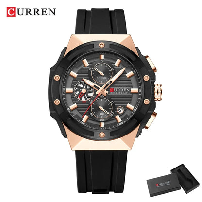 Luckacco CURREN Fashionable Sports Multifunctional Chronograph Quartz Watch with Silicone Strap Creative Design Dial Luminous Hands