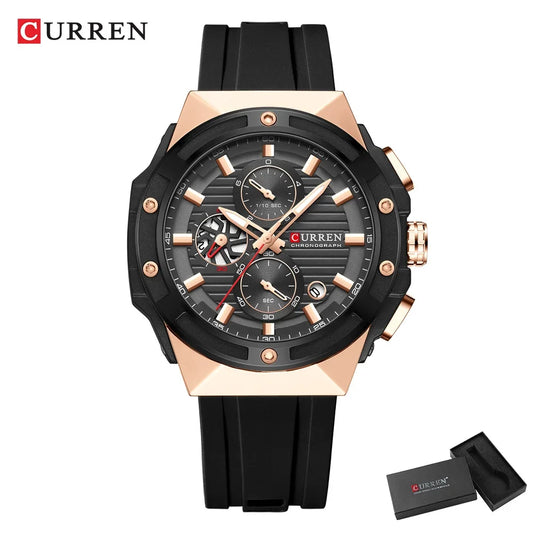 Luckacco CURREN Fashionable Sports Multifunctional Chronograph Quartz Watch with Silicone Strap Creative Design Dial Luminous Hands