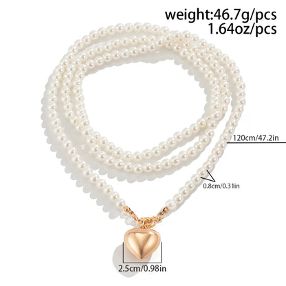 Luckacco Boho Heart shaped Pendant Necklace 2025 Women's Simple Sweet Long Imitation Pearl Beads Girl Wedding Fashion Jewelry