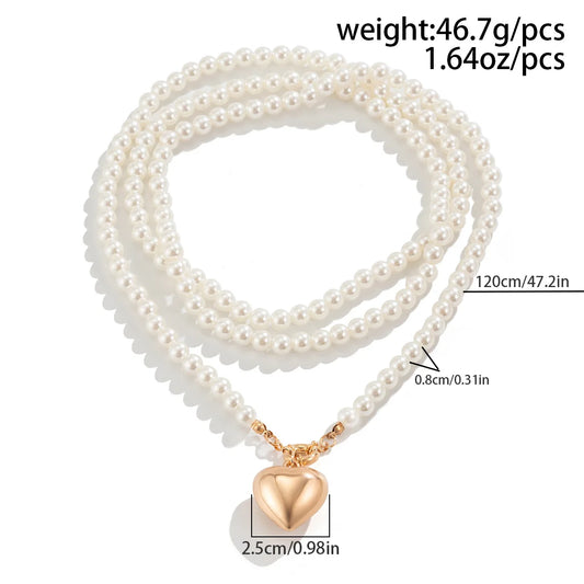 Luckacco Boho Heart shaped Pendant Necklace 2025 Women's Simple Sweet Long Imitation Pearl Beads Girl Wedding Fashion Jewelry