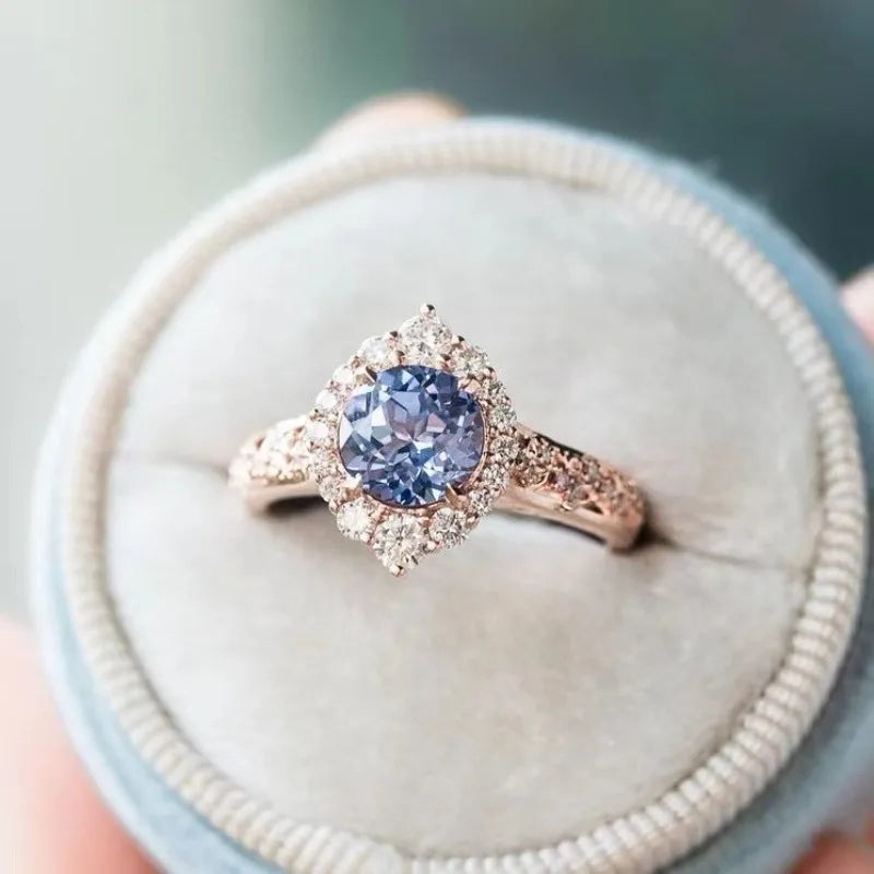 luckacco elegant rose gold color inlaid with blue white stone rings flower round party engagement wedding rings for women jewelry