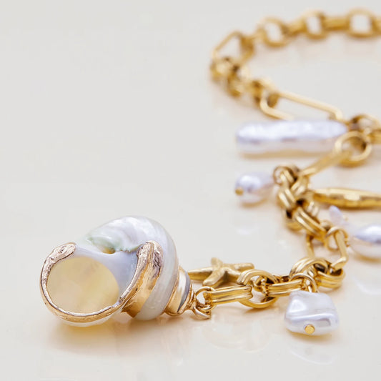Luckacco Zora Ocean Holiday Style Conch Pendant Acrylic Pearl Y Chain 18K Gold-plated Stainless Steel Handmade Chain Women's Jewelry