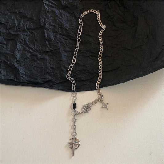 Luckacco Gothic Vintage Y2K Red Glass Heart Star Cross Pendant Pearl Bead Necklace For Women Men Aesthetic 90s Grunge Accessories Jewelry