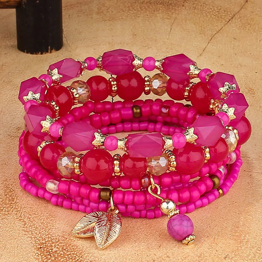 Luckacco DIEZI Korean Ethnic Bohemian Crystal Beads Leaves Charm Bracelets For Women Girls Elastic Rope Wrap Bracelet Pulseira Feminina