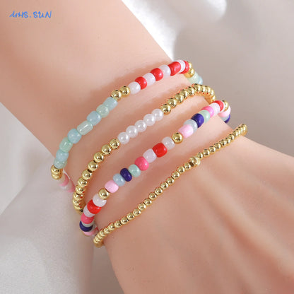Luckacco MHS.SUN New Bohemian Gold Plated Metal Beaded Bracelets Colorful Rice Beads Bracelet Birthday Party Jewelry For Women Men