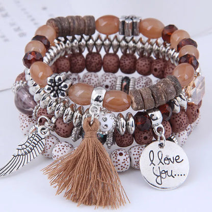 Luckacco DIEZI Bohemian Multicolor Pink Crystal Beads Bracelets Women Girls Elastic Tassel Wing Letters Rope Bracelet Pulseira Feminina
