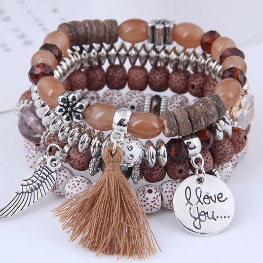 Luckacco DIEZI Bohemian Multicolor Pink Crystal Beads Bracelets Women Girls Elastic Tassel Wing Letters Rope Bracelet Pulseira Feminina