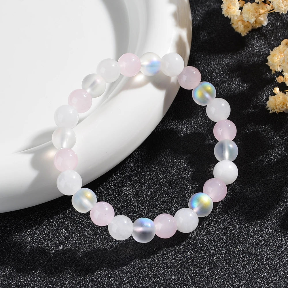luckacco 1pc fashionable aura balancing sleep bracelet, 8mm natural stone sleep bracelet - white turquoise - amethyst - rose quartz