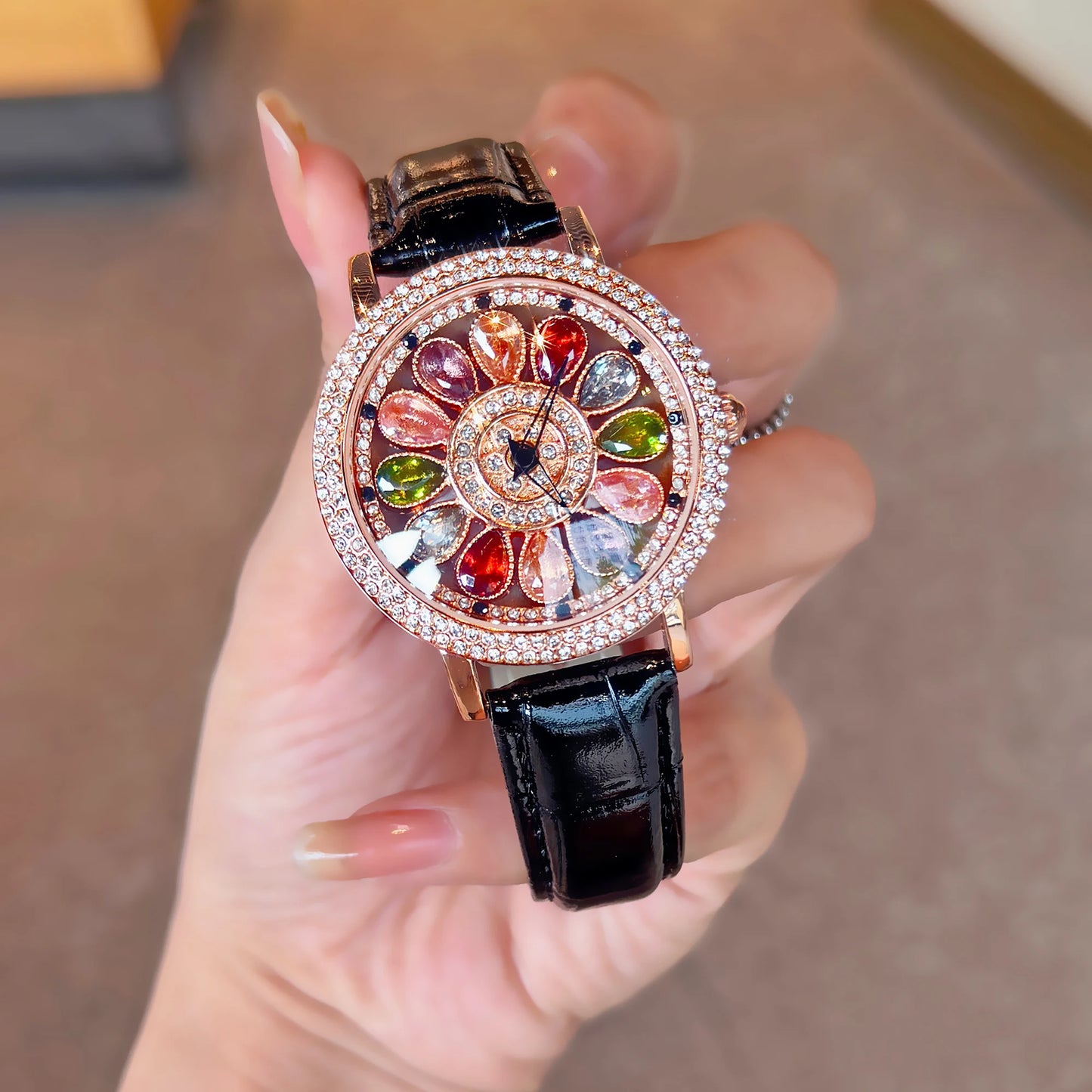 luckacco 1pc dazzling and fashionable women's quartz watch with colorful rhinestone inlay, featuring an alluring rotatable dial, durable