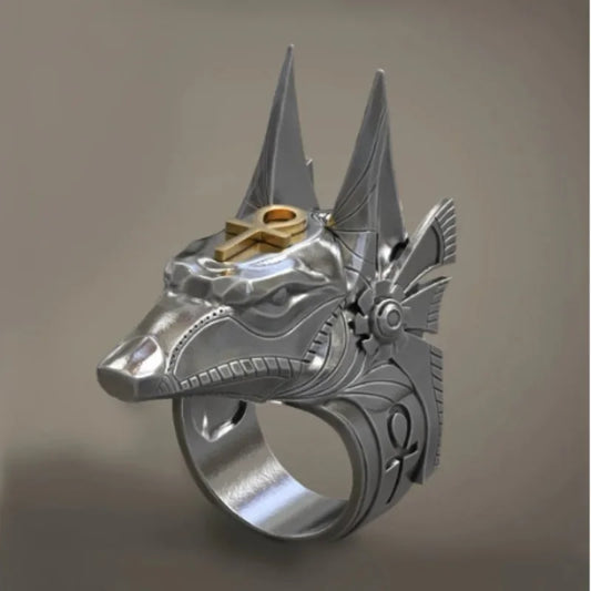 Luckacco New Vintage Egyptian Cross Anubis God Rings for Men Unisex Punk Style Wolf Head Men Finger Rings Hiphop Party Ring Men
