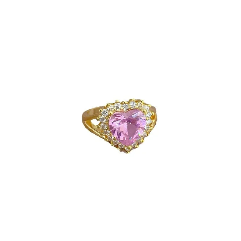 luckacco high quality pink heart crystal adjustable rings for women charm gold color stainless steel wedding bride jewelry gift colorfast