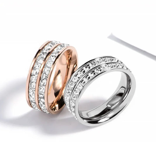 Luckacco Stainless Steel Double Row CZ Eternity Ring Wedding Band for Women Men Size 3-10