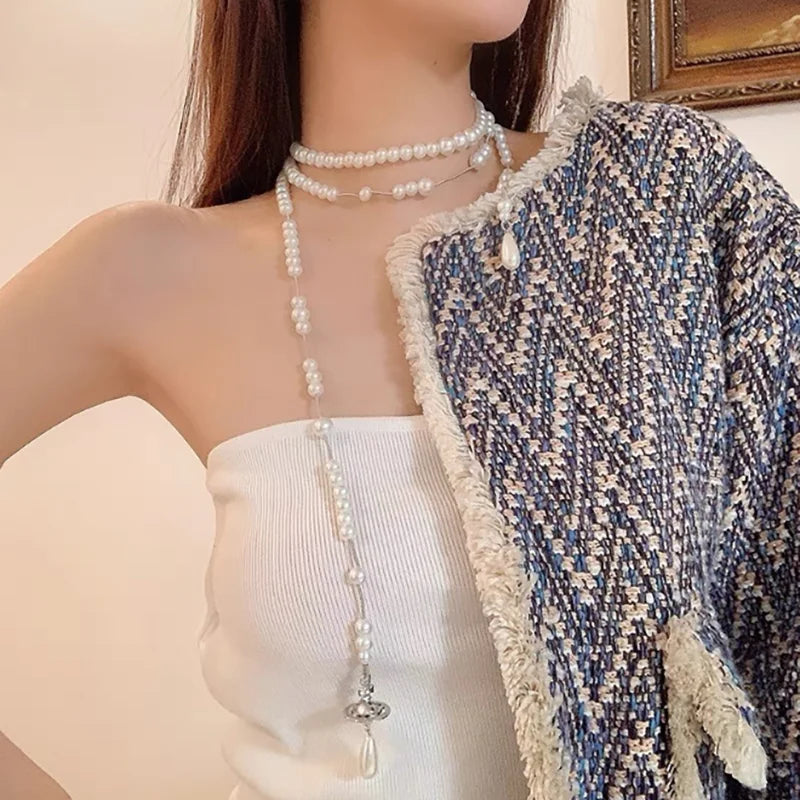 luckacco multi-layer saturn pearl necklace female high-end sense queen mother west tassel necklace sweater chain imitation pearl necklace